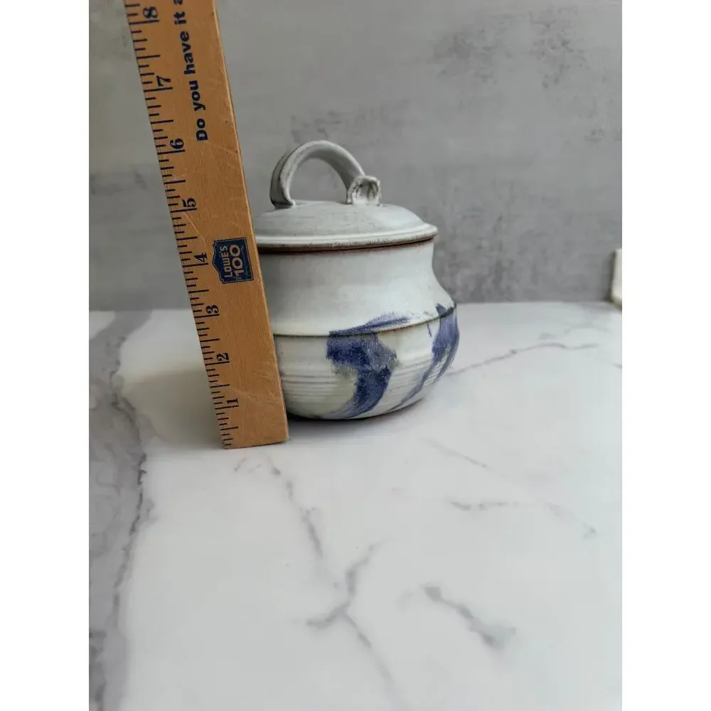 Studio Art Pottery Lidded Jar Speckled Gray & Blue Glaze Handled Ceramic Vessel